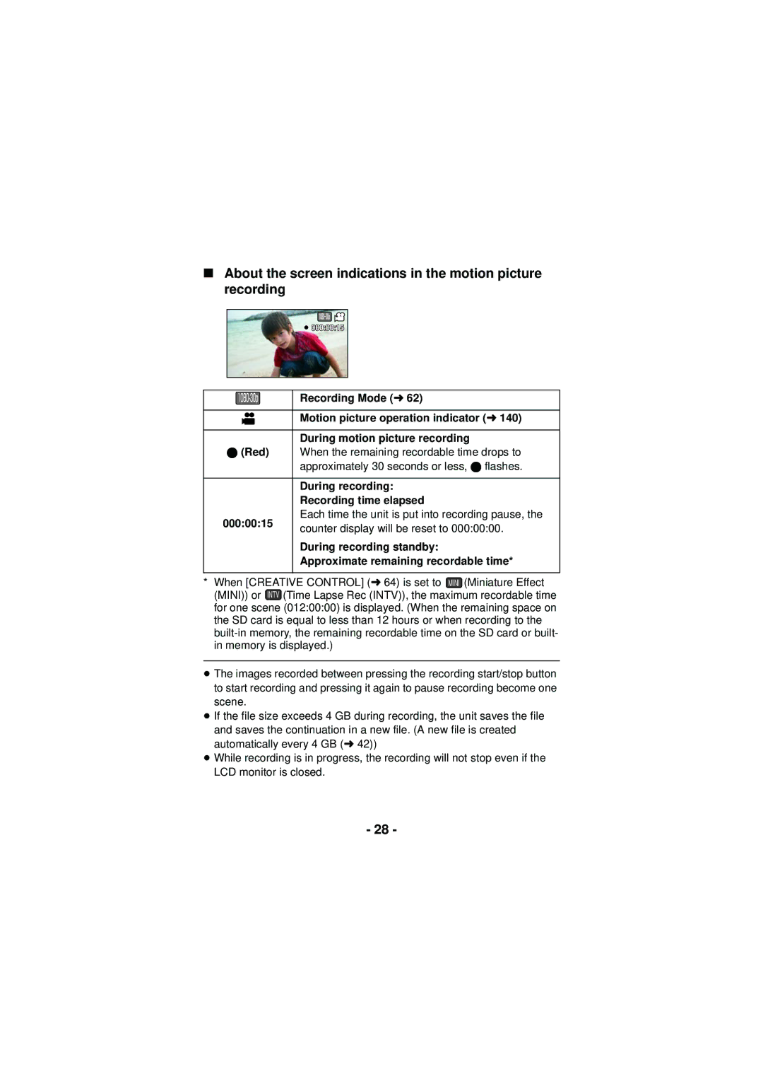 Panasonic HX-DC3 owner manual Recording time elapsed, Counter display will be reset to, During recording standby 