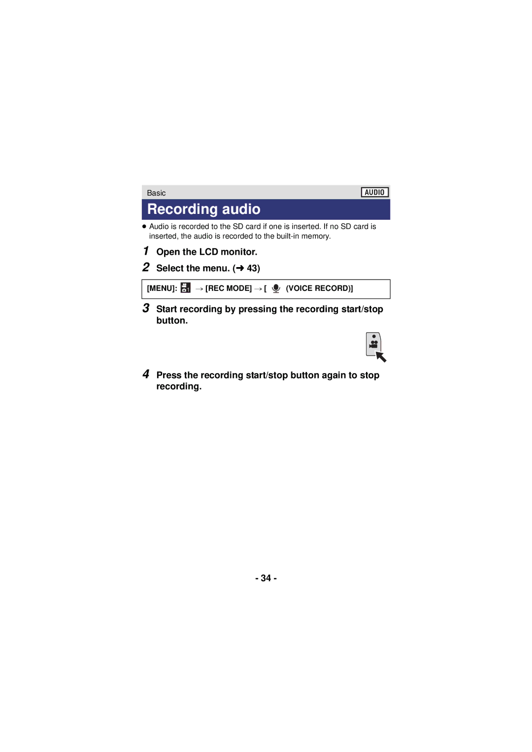 Panasonic HX-DC3 owner manual Recording audio, Open the LCD monitor. Select the menu. l, Menu 1 # REC Mode # Voice Record 