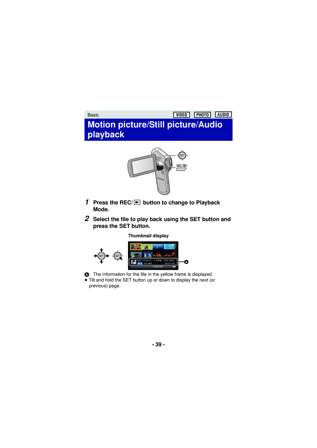 Panasonic HX-DC3 owner manual Motion picture/Still picture/Audio playback, Thumbnail display 