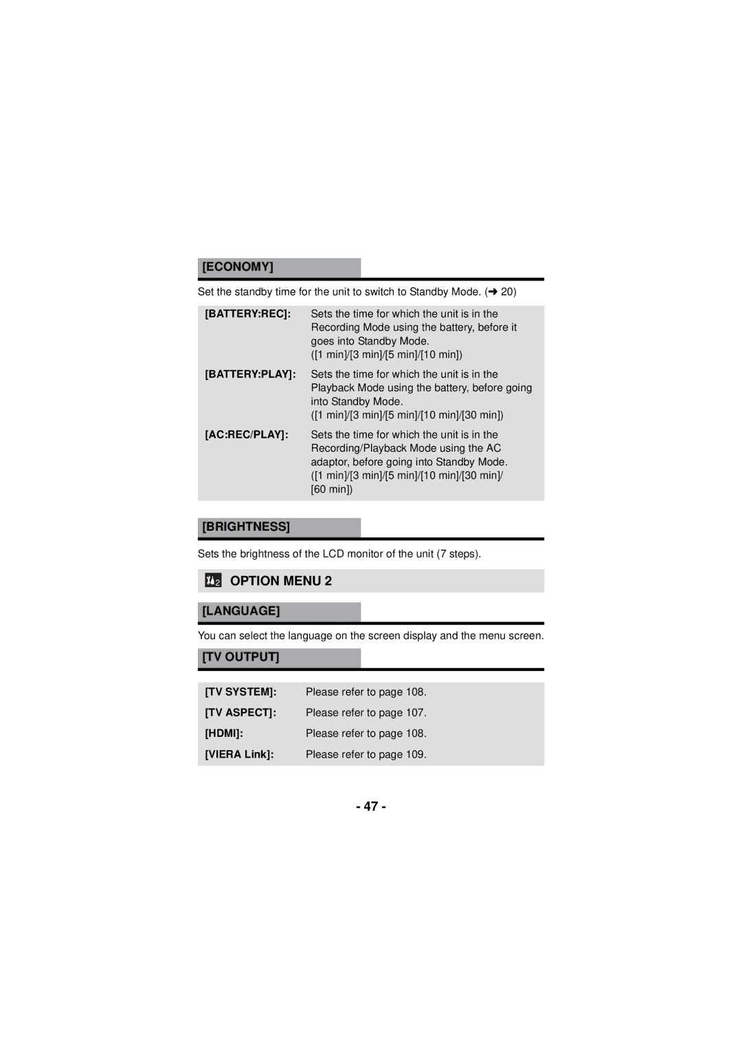 Panasonic HX-DC3 owner manual Economy, Brightness, Language, TV Output 