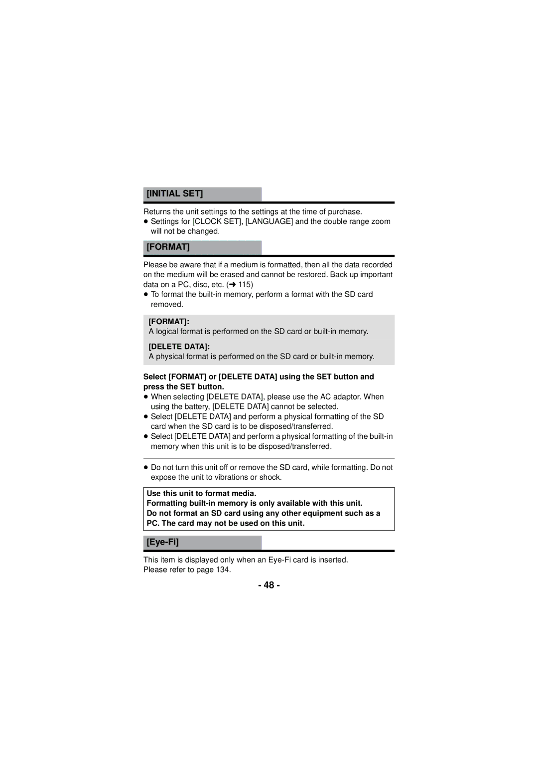 Panasonic HX-DC3 owner manual Initial SET, Format, Delete Data 