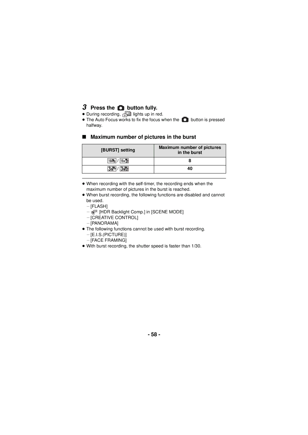 Panasonic HX-DC3 owner manual Maximum number of pictures in the burst, Burst setting Maximum number of pictures 