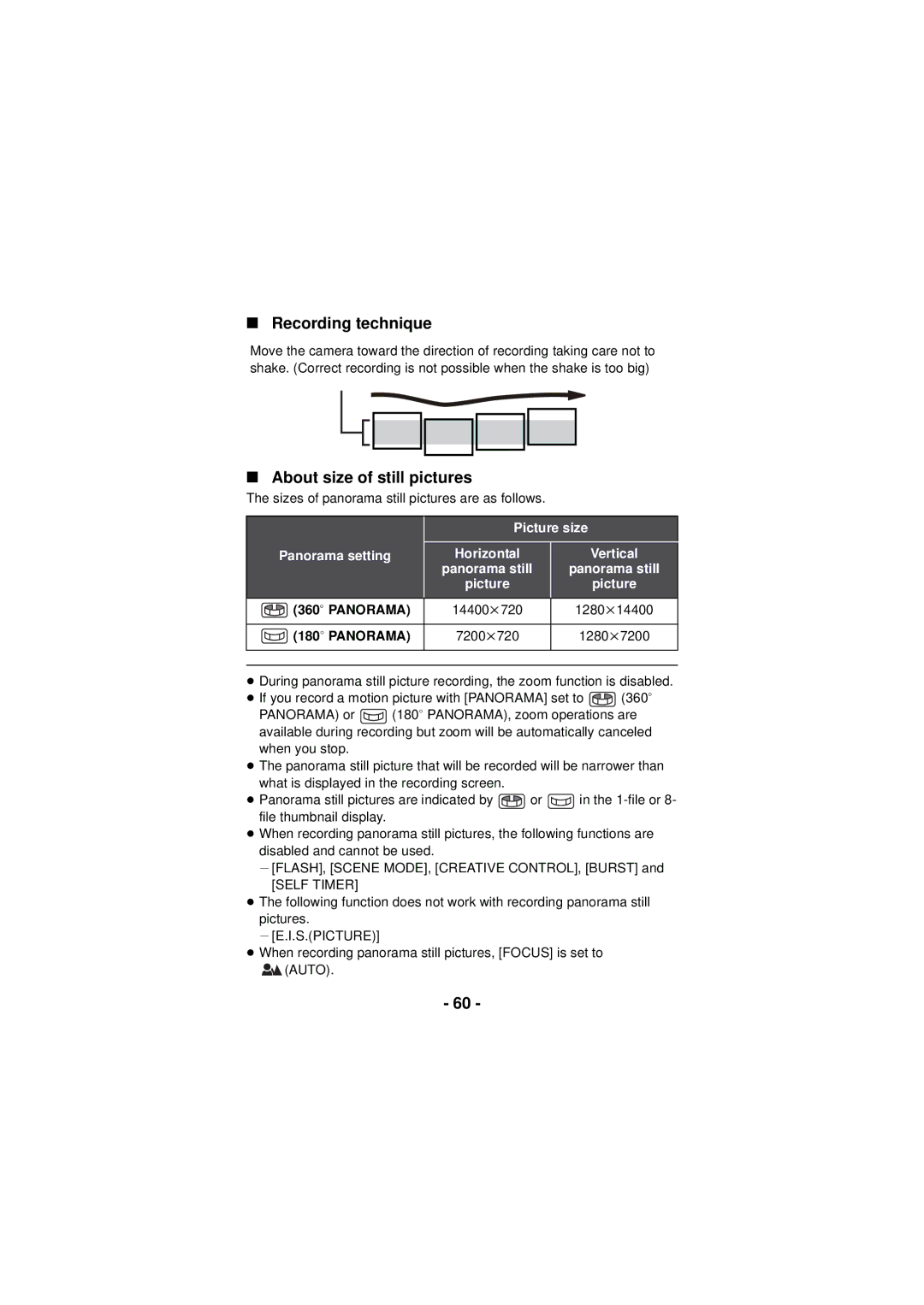 Panasonic HX-DC3 owner manual Recording technique, About size of still pictures, 360e Panorama, 180e Panorama 