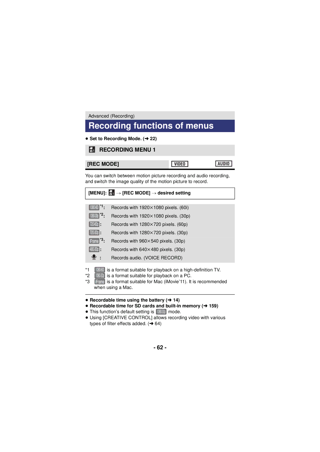 Panasonic HX-DC3 owner manual Recording functions of menus, Menu 1 # REC Mode # desired setting 