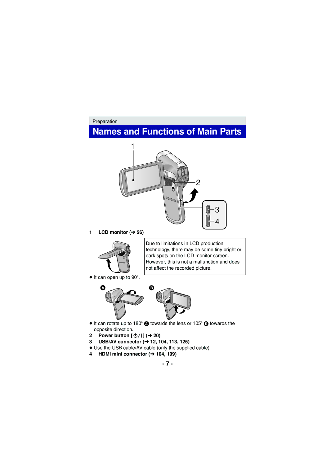 Panasonic HX-DC3 Names and Functions of Main Parts, LCD monitor l, Power button l USB/AV connector l 12, 104, 113 