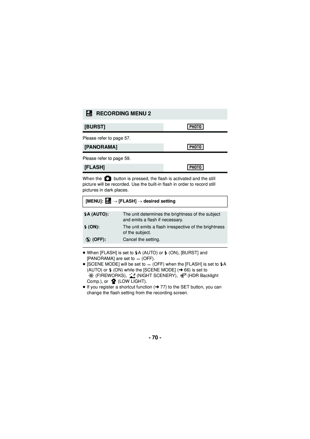 Panasonic HX-DC3 owner manual Burst, Panorama, Menu 2 # Flash # desired setting 