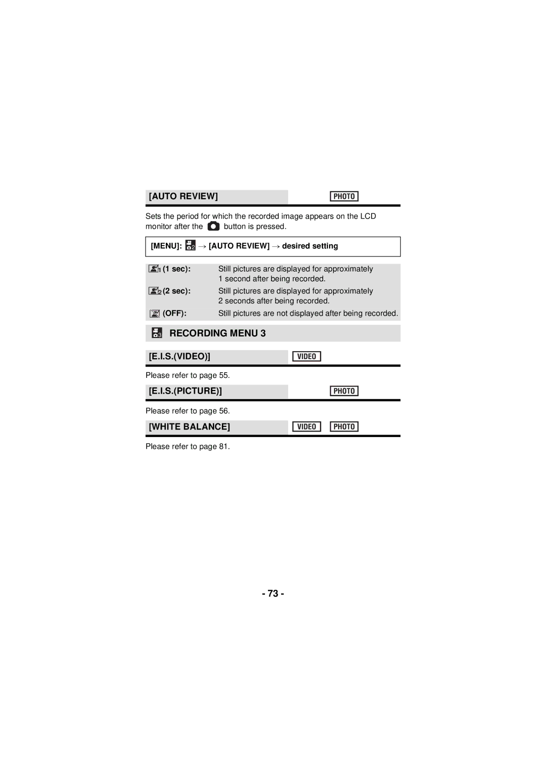 Panasonic HX-DC3 owner manual S.Video, S.Picture, White Balance, Menu 2 # Auto Review # desired setting 