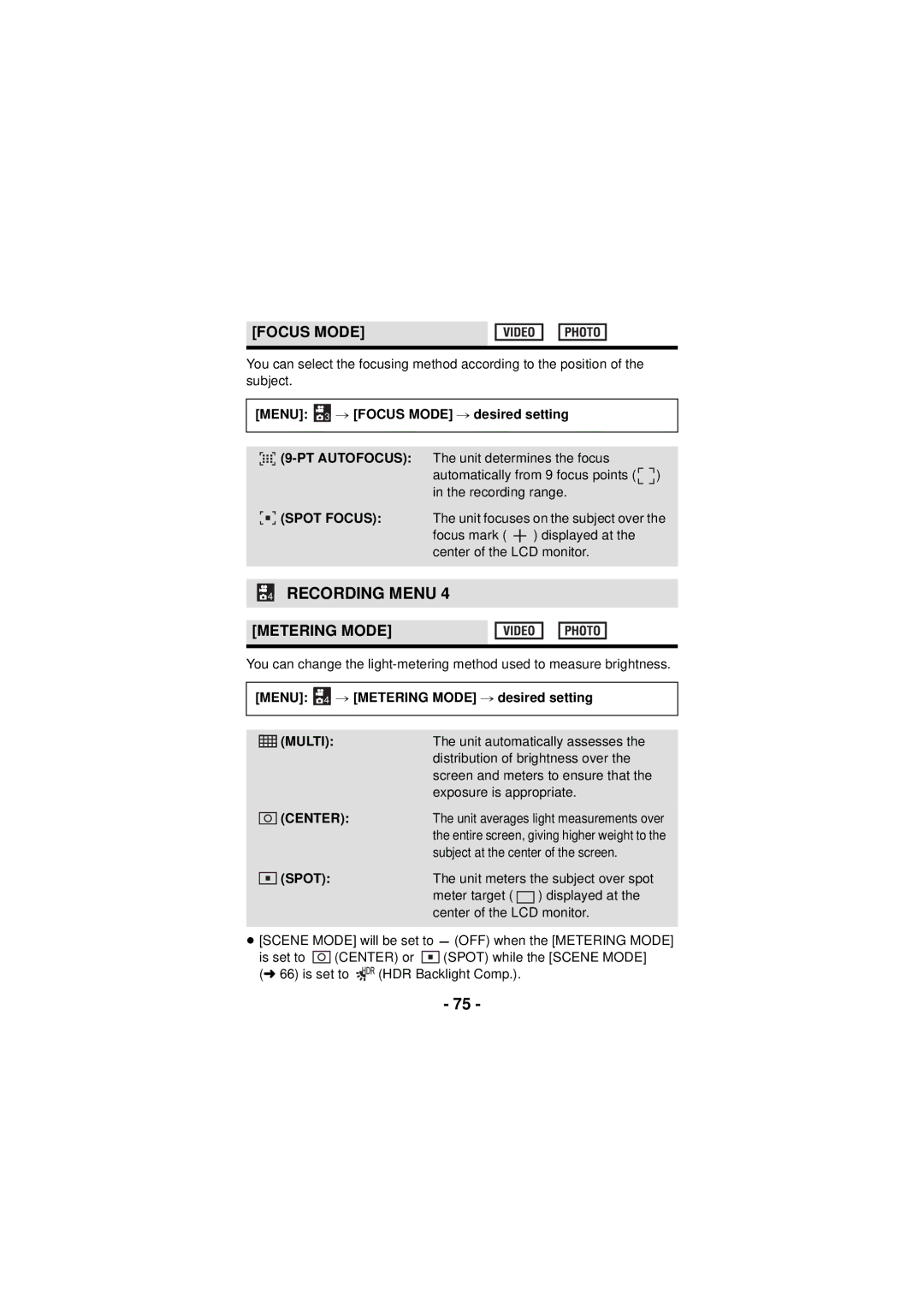 Panasonic HX-DC3 owner manual Focus Mode, Metering Mode, Multi 