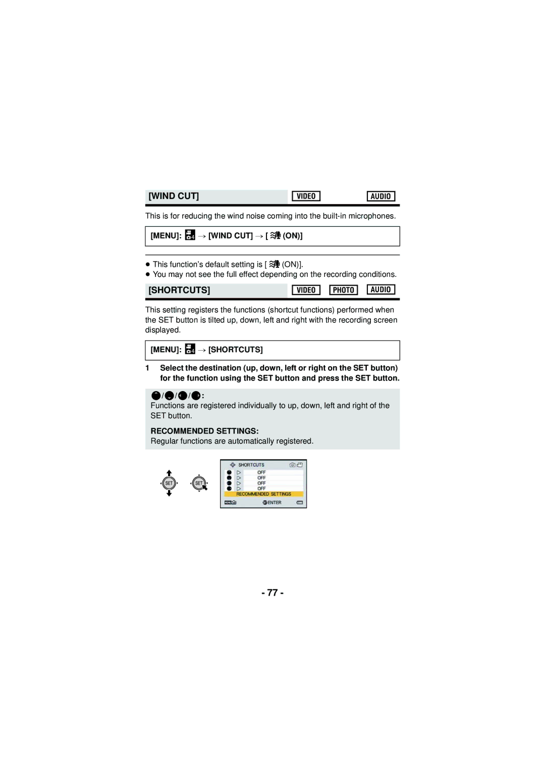 Panasonic HX-DC3 owner manual Menu 4 # Wind CUT # on, Menu 4 # Shortcuts, Recommended Settings 