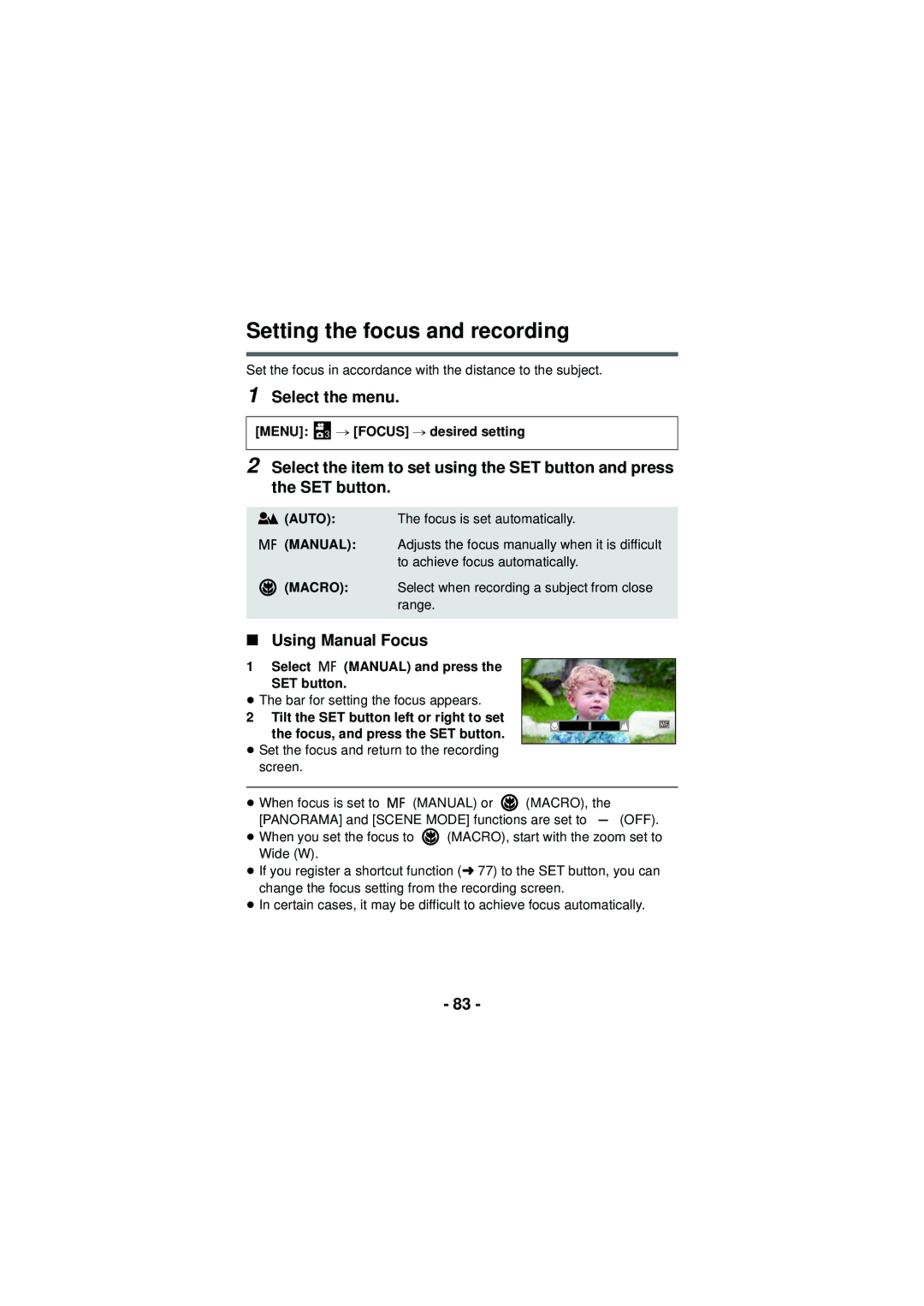 Panasonic HX-DC3 owner manual Setting the focus and recording, Using Manual Focus, Menu 3 # Focus # desired setting 