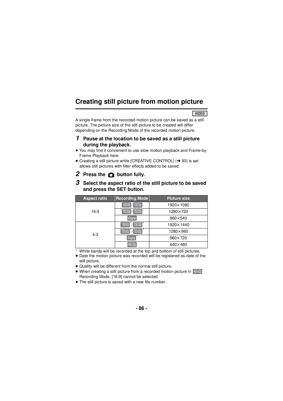 Panasonic HX-DC3 owner manual Creating still picture from motion picture 