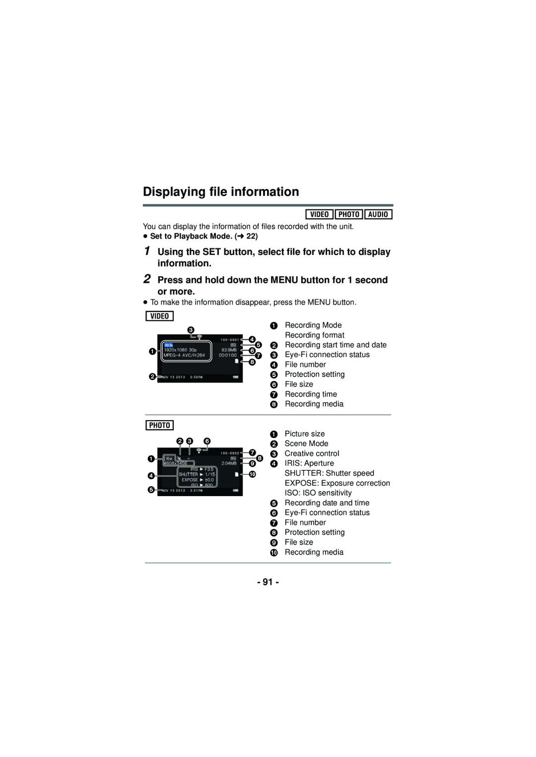 Panasonic HX-DC3 owner manual Displaying file information 