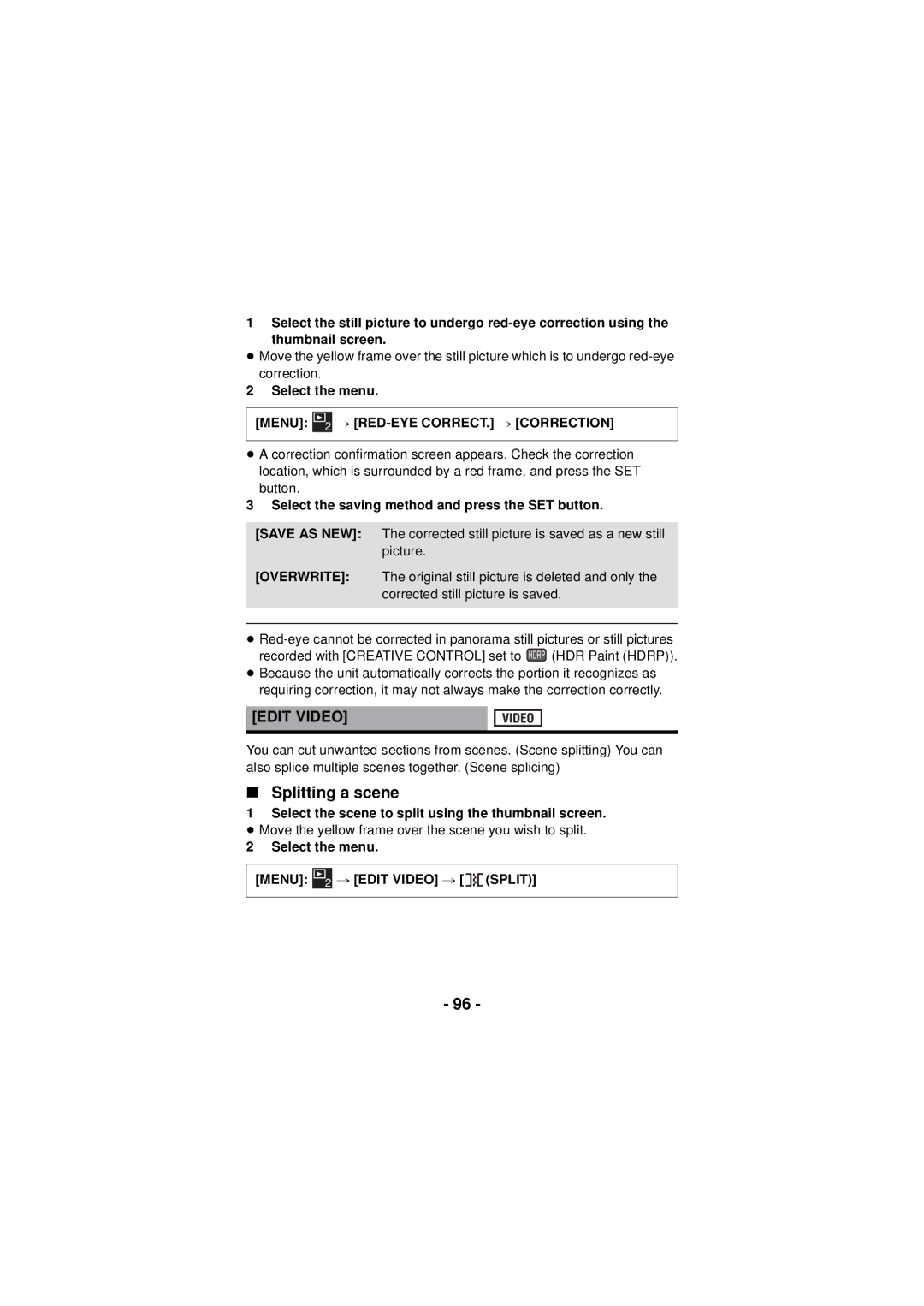 Panasonic HX-DC3 owner manual Splitting a scene, Edit Video, # RED-EYE CORRECT. # Correction 