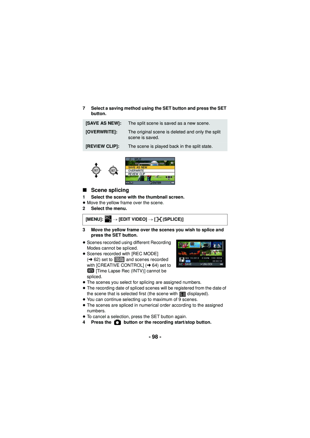 Panasonic HX-DC3 owner manual Scene splicing, Select the scene with the thumbnail screen, Press 