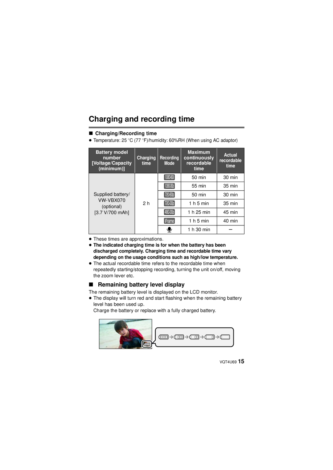 Panasonic HX-DC3 owner manual Charging and recording time, Remaining battery level display 