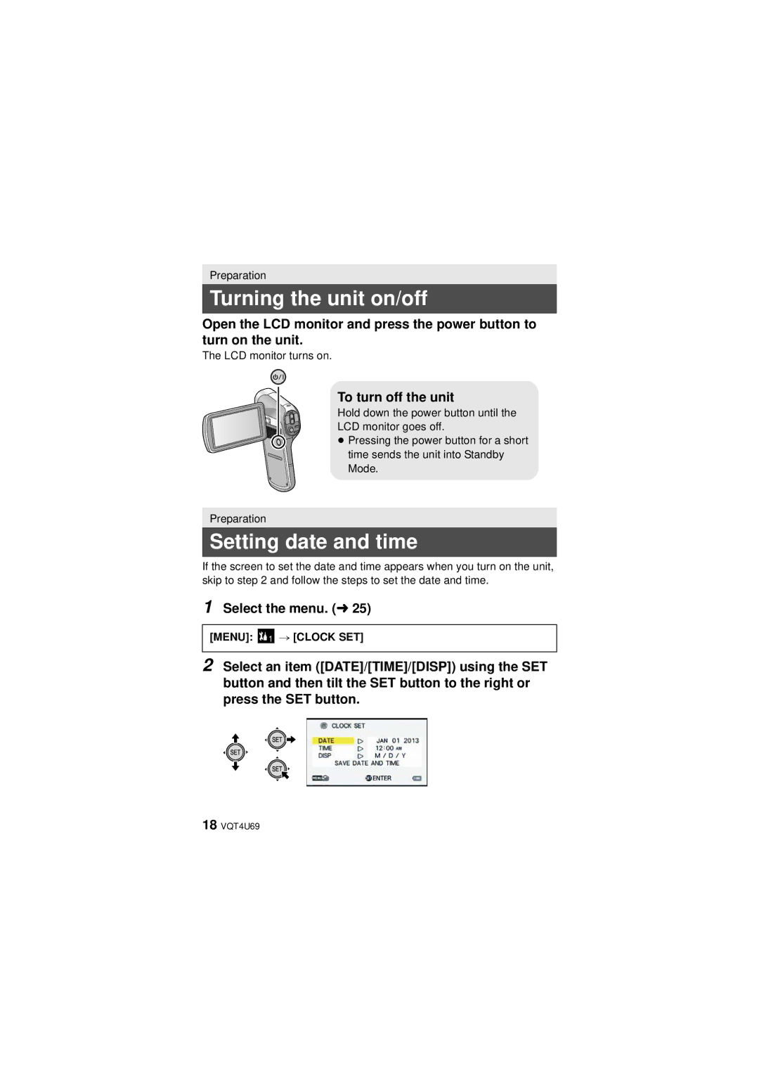 Panasonic HX-DC3 Turning the unit on/off, Setting date and time, To turn off the unit, Select the menu. l, Menu 