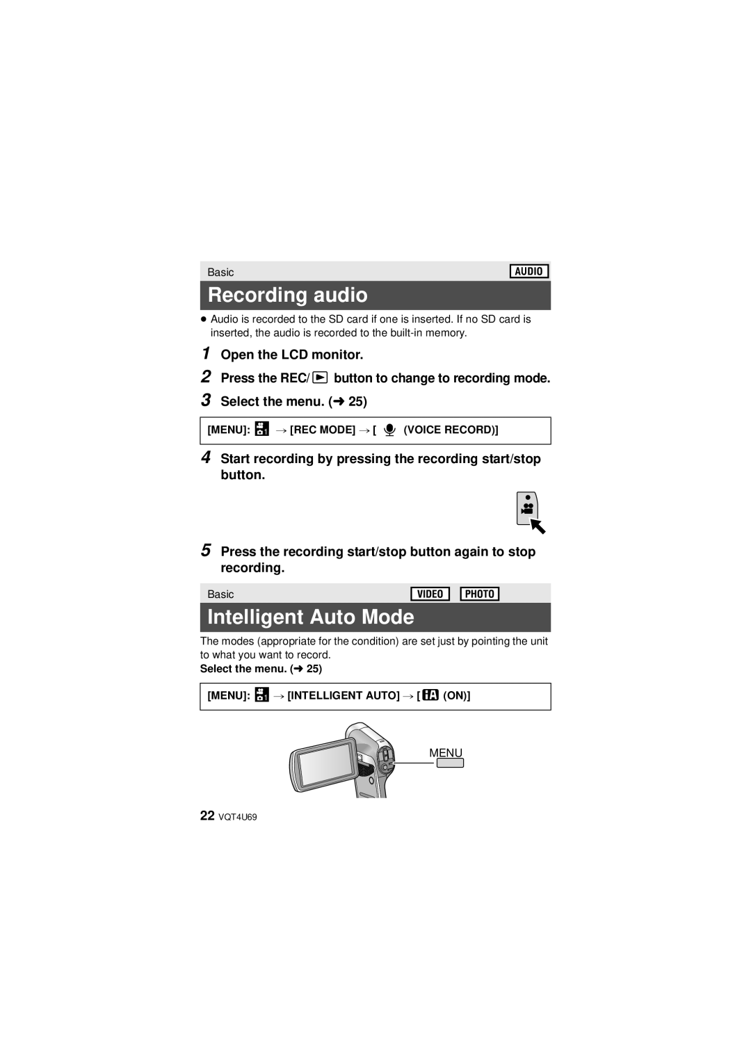 Panasonic HX-DC3 owner manual Recording audio, Intelligent Auto Mode, Menu 1 # REC Mode # Voice Record 