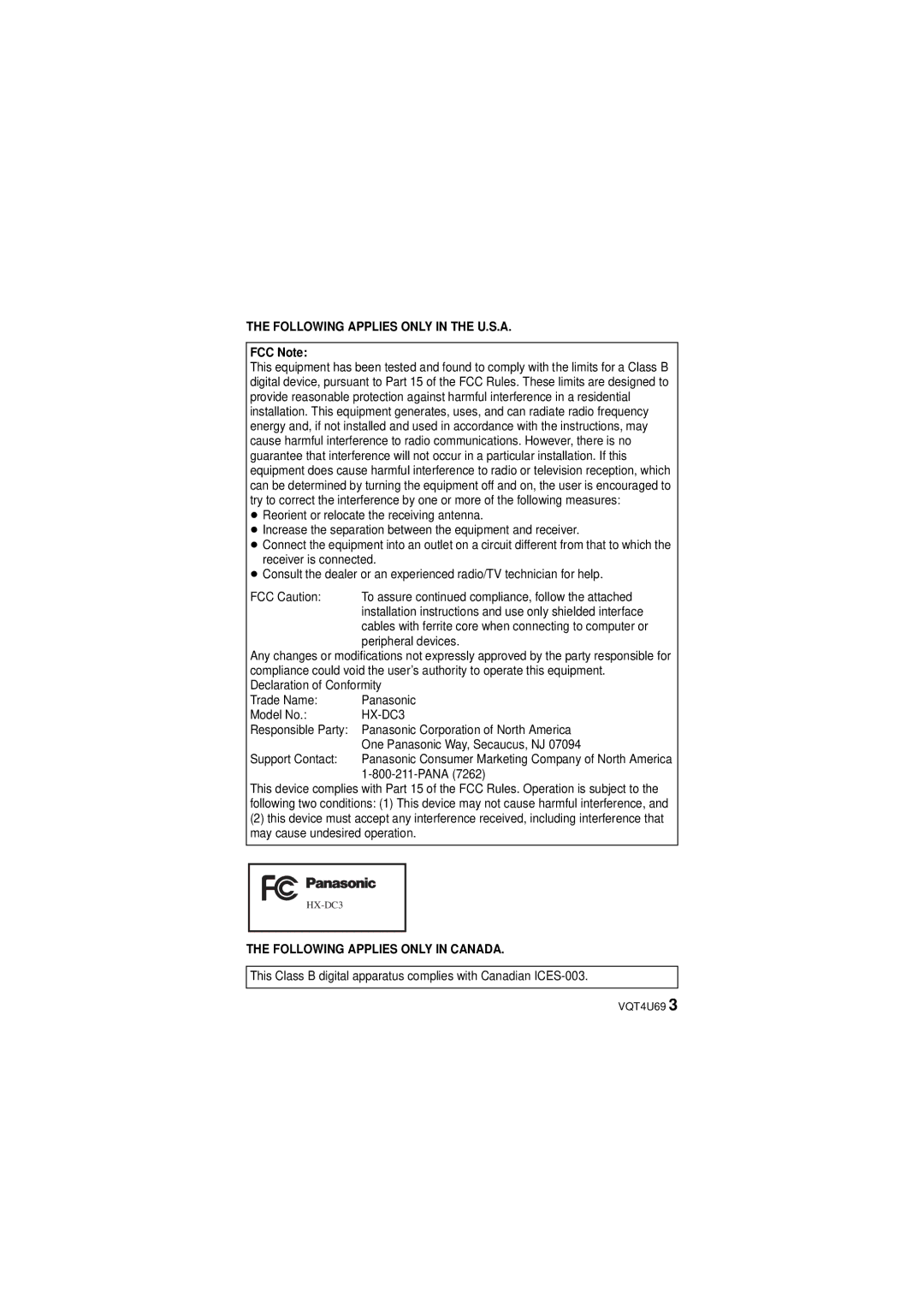 Panasonic HX-DC3 owner manual Following Applies only in Canada 