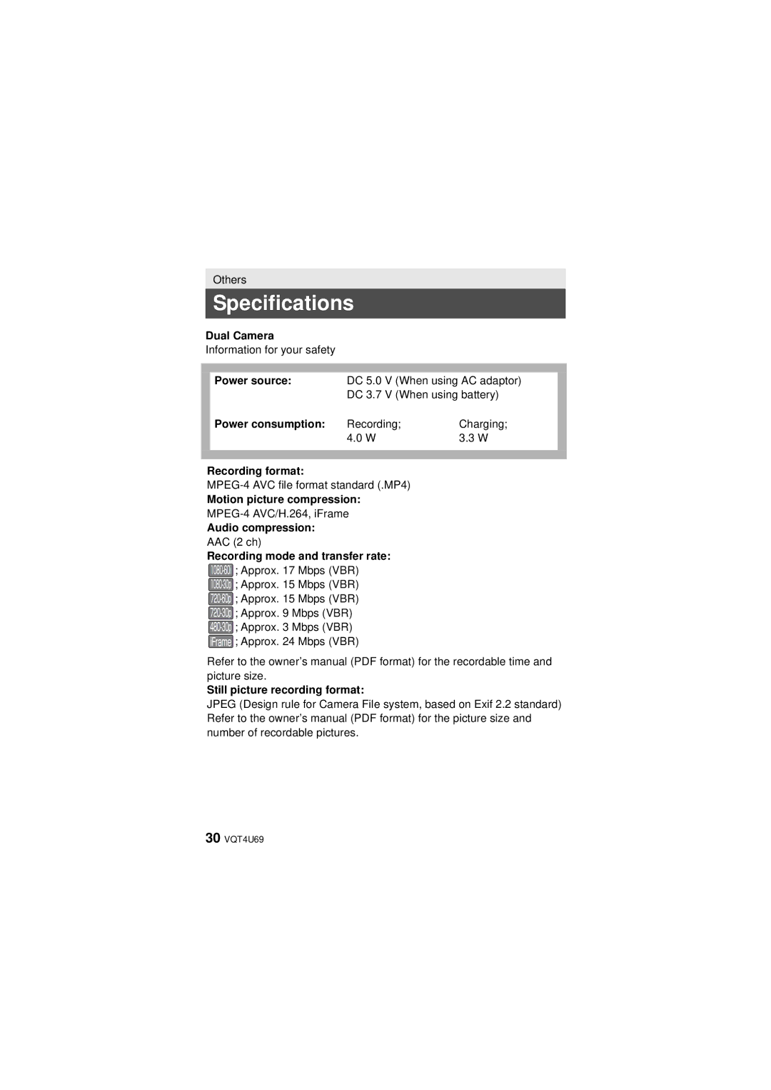 Panasonic HX-DC3 owner manual Specifications 