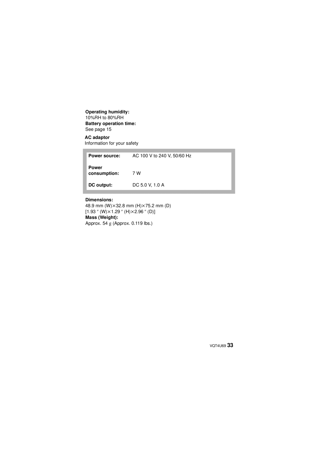 Panasonic HX-DC3 owner manual Operating humidity, Battery operation time 