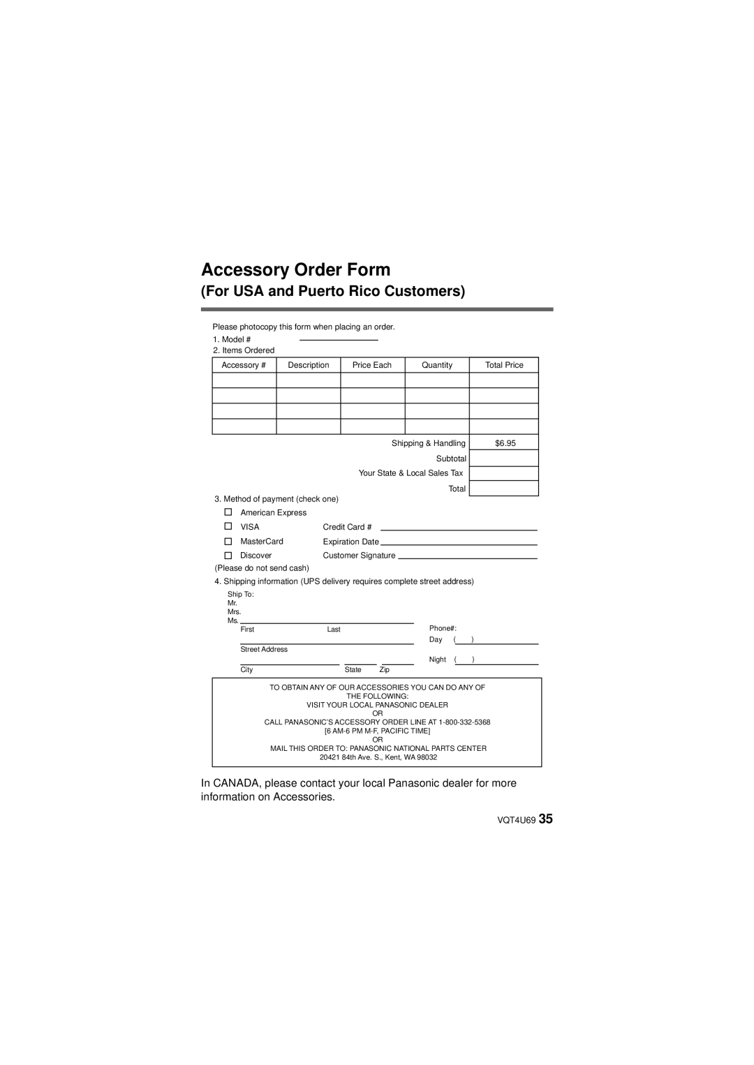 Panasonic HX-DC3 owner manual Accessory Order Form, For USA and Puerto Rico Customers 