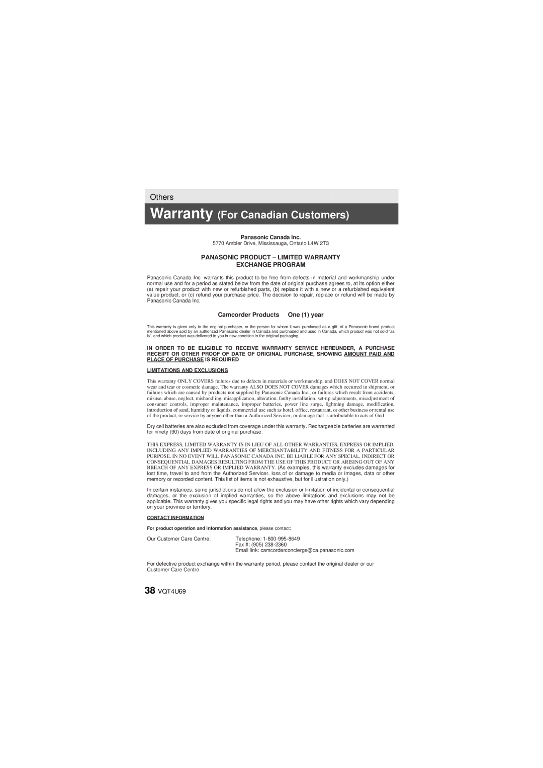 Panasonic HX-DC3 owner manual Warranty For Canadian Customers 