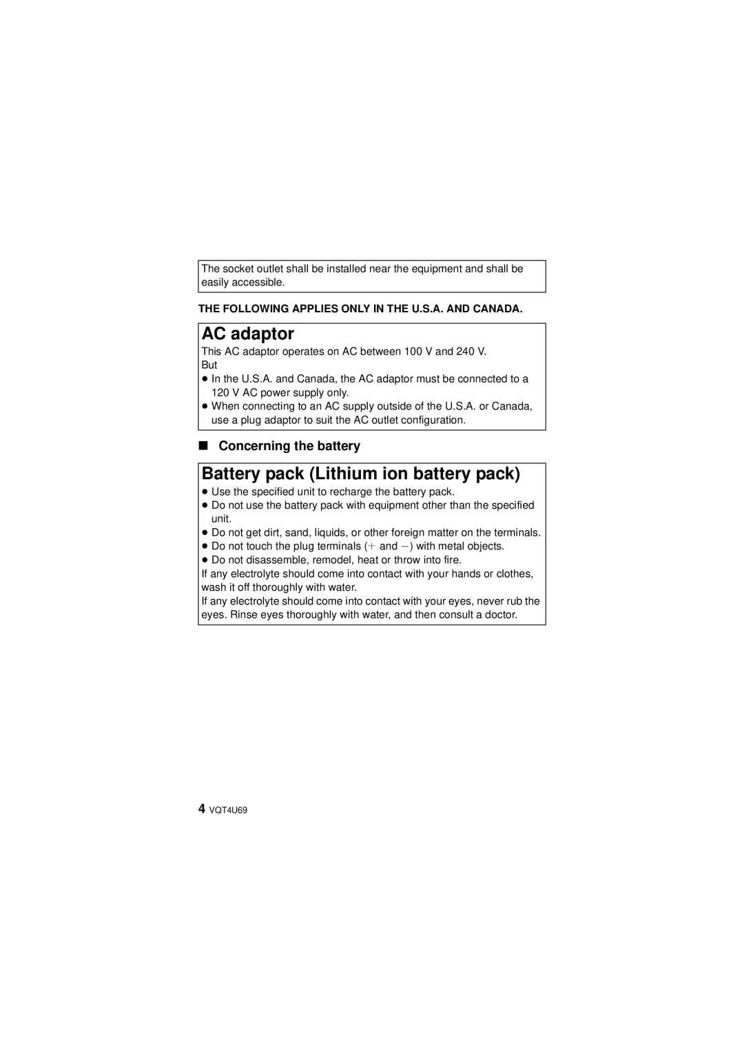 Panasonic HX-DC3 owner manual AC adaptor, Battery pack Lithium ion battery pack, Concerning the battery 