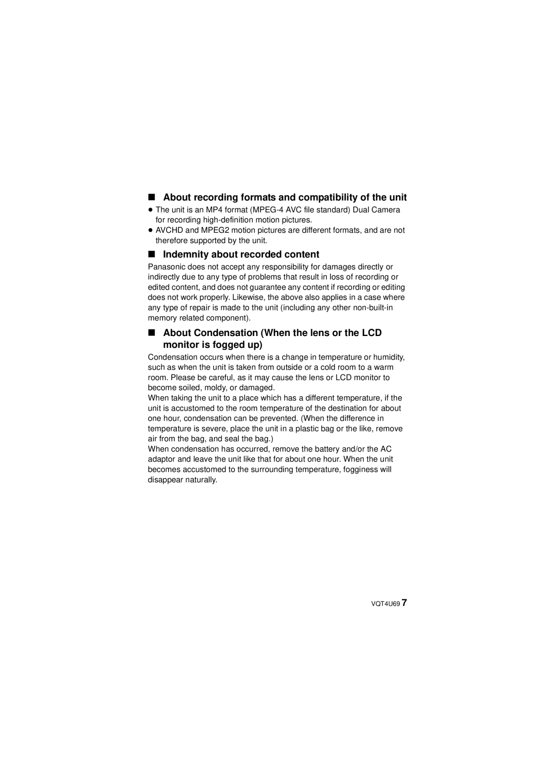 Panasonic HX-DC3 owner manual About recording formats and compatibility of the unit, Indemnity about recorded content 