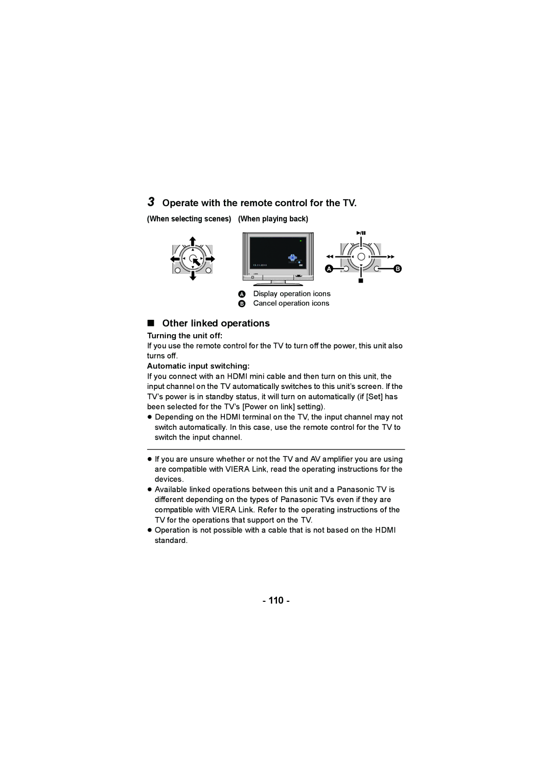 Panasonic HX-DC3 operating instructions Operate with the remote control for the TV, Other linked operations, 110 