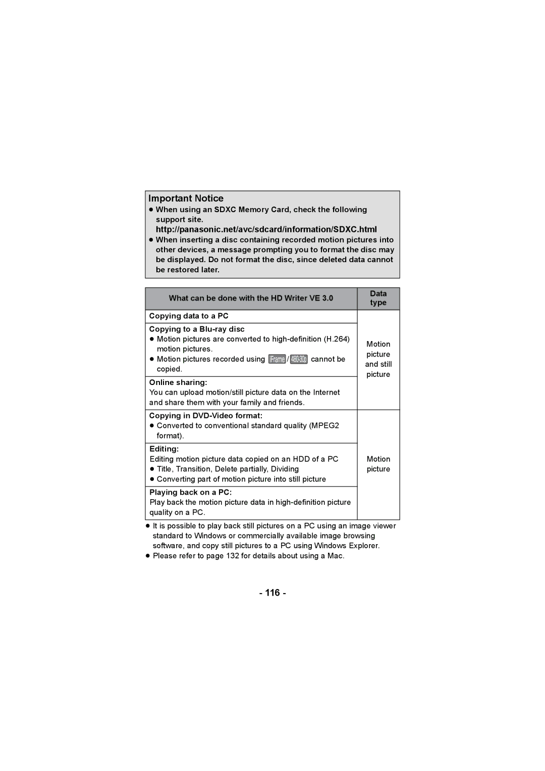 Panasonic HX-DC3 operating instructions Important Notice, 116 