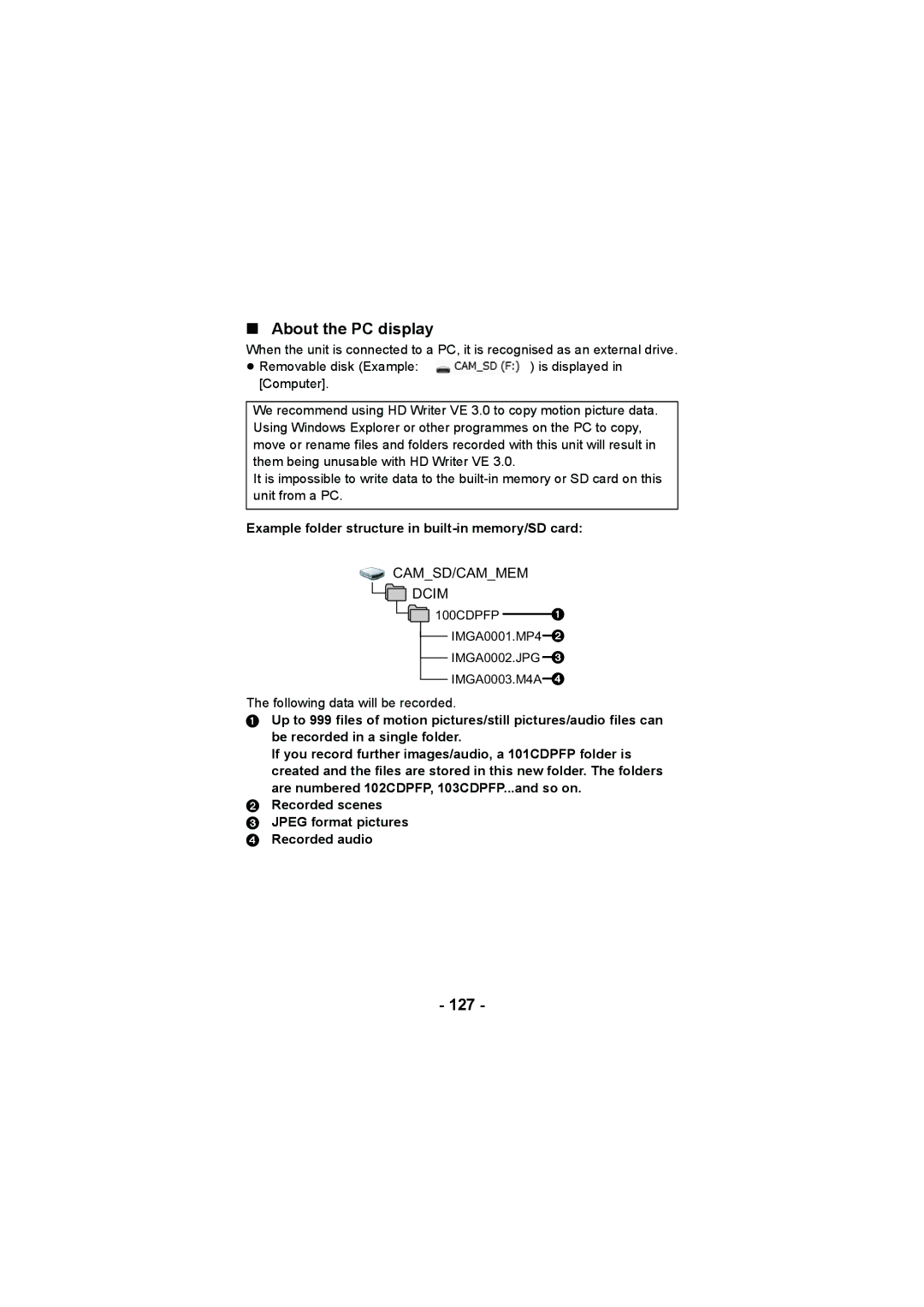 Panasonic HX-DC3 operating instructions About the PC display, 127, Example folder structure in built-in memory/SD card 