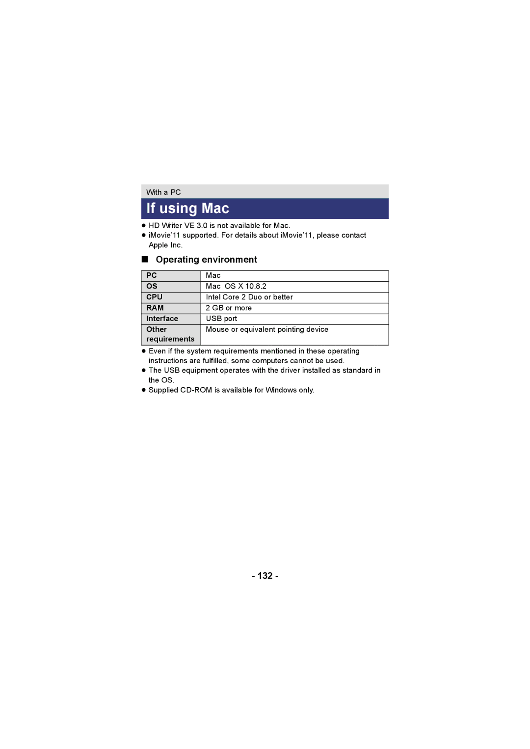 Panasonic HX-DC3 operating instructions If using Mac, Operating environment, 132 