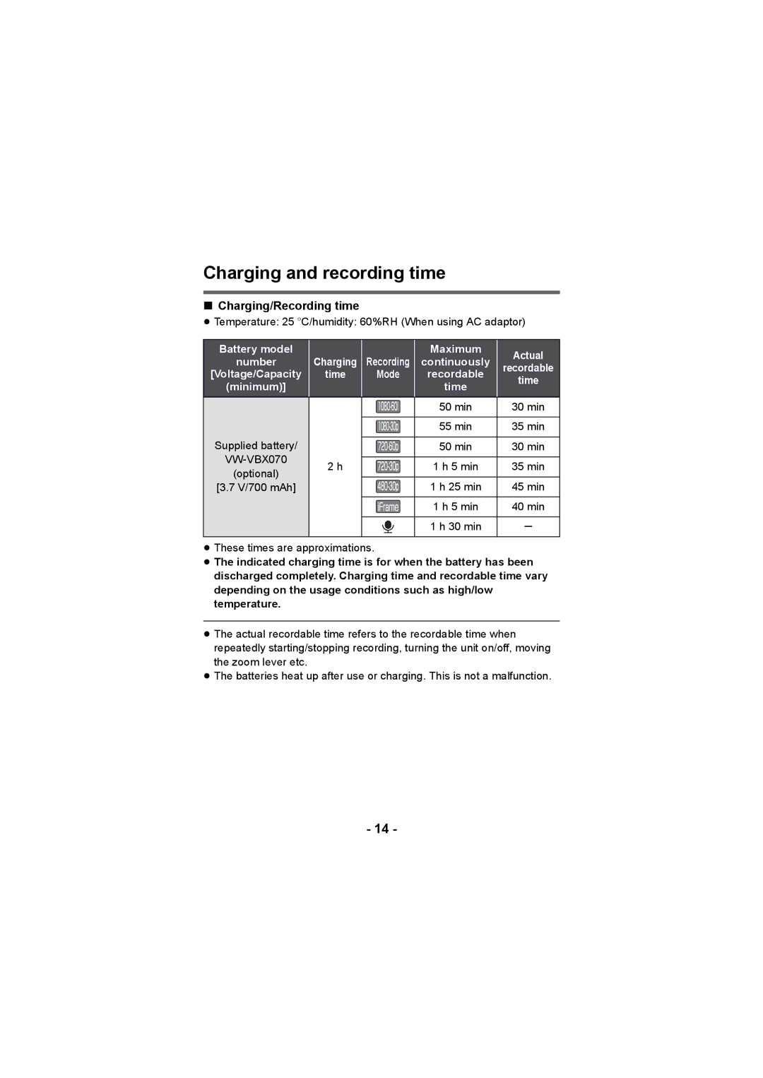 Panasonic HX-DC3 operating instructions Charging and recording time, Charging/Recording time 