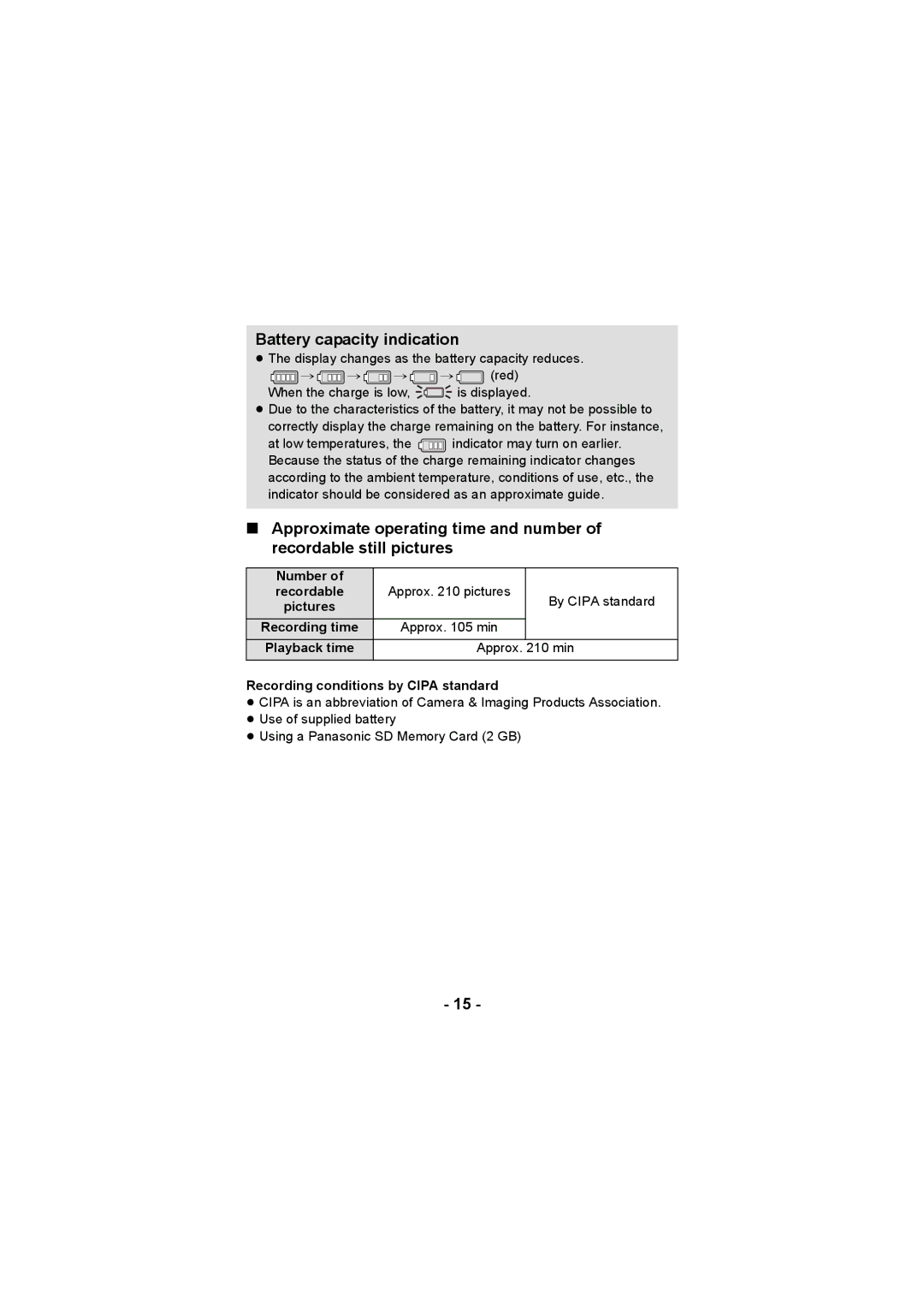 Panasonic HX-DC3 operating instructions Battery capacity indication, Number, By Cipa standard 