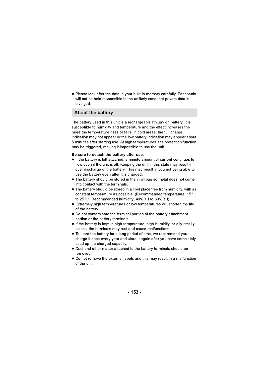 Panasonic HX-DC3 operating instructions About the battery, 153, Be sure to detach the battery after use 