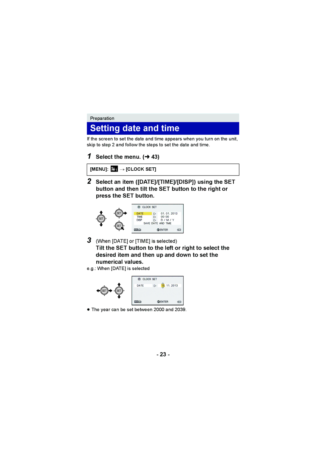 Panasonic HX-DC3 operating instructions Setting date and time, Select the menu. l, Menu, # Clock SET 