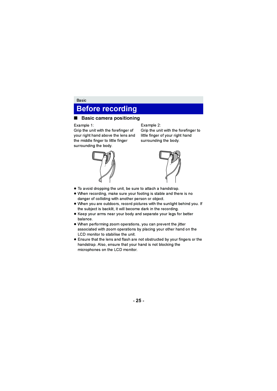 Panasonic HX-DC3 operating instructions Before recording, Basic camera positioning 