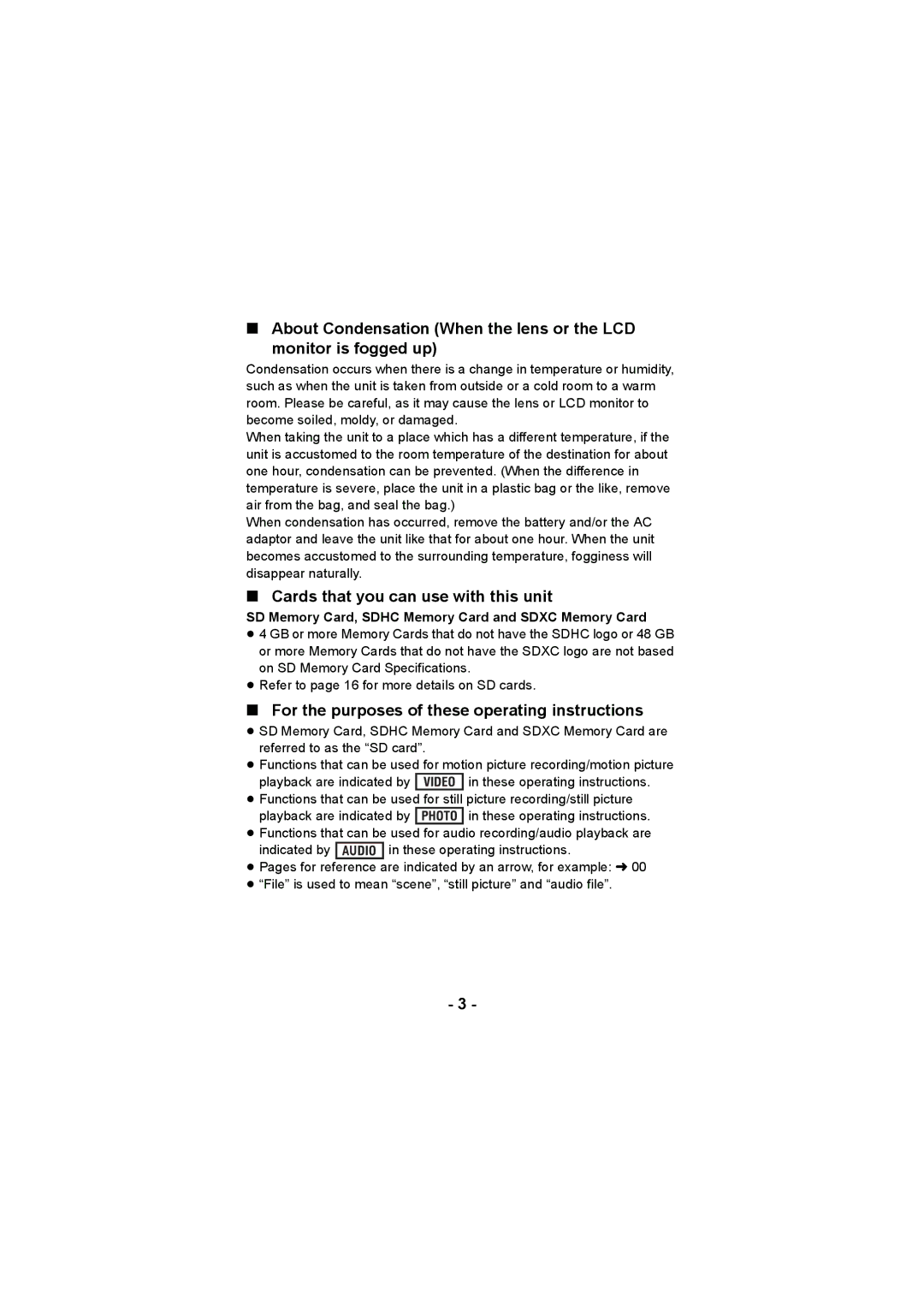 Panasonic HX-DC3 Cards that you can use with this unit, For the purposes of these operating instructions 