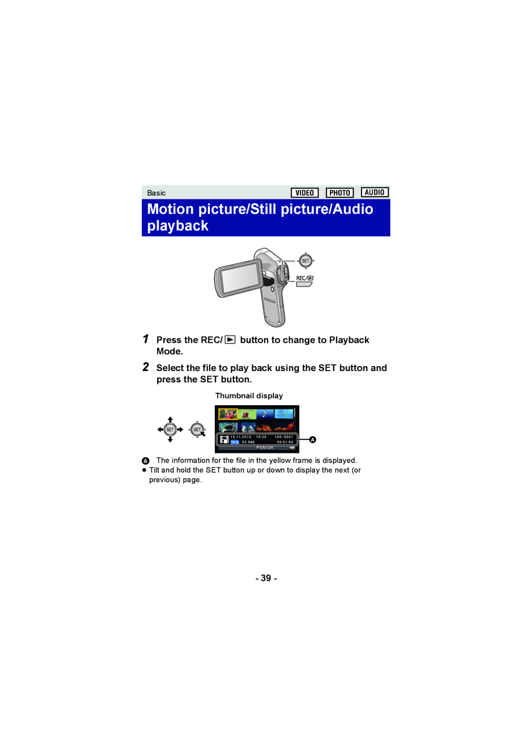 Panasonic HX-DC3 operating instructions Motion picture/Still picture/Audio playback, Thumbnail display 