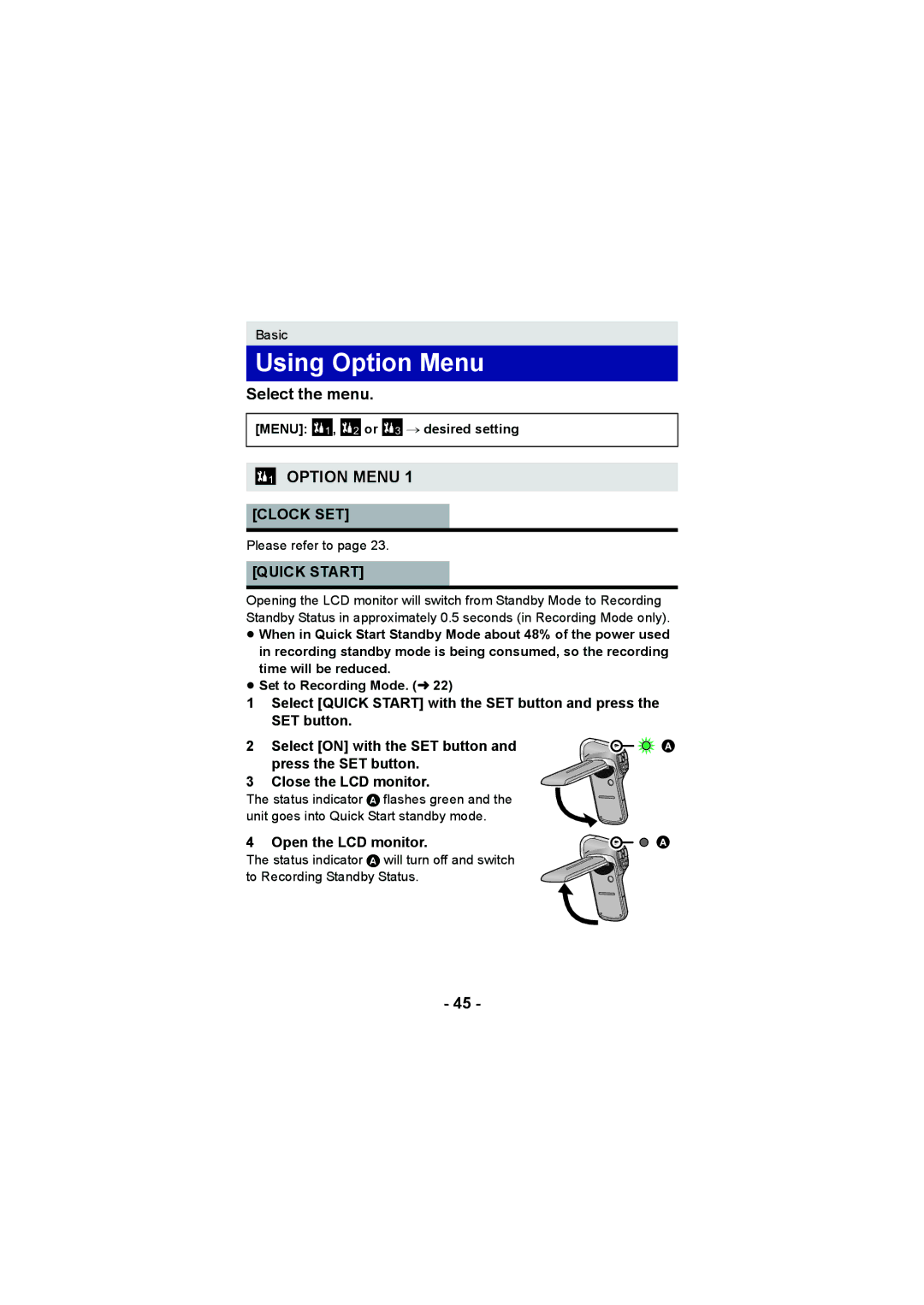 Panasonic HX-DC3 Using Option Menu, Select the menu, Clock SET, Quick Start, Menu 1 , 2 or # desired setting 