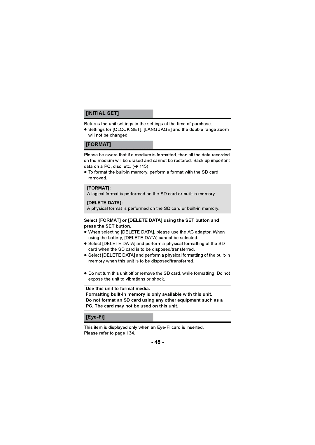 Panasonic HX-DC3 operating instructions Initial SET, Format, Delete Data 