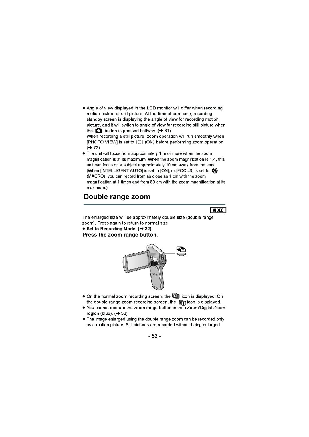 Panasonic HX-DC3 operating instructions Double range zoom, Press the zoom range button 