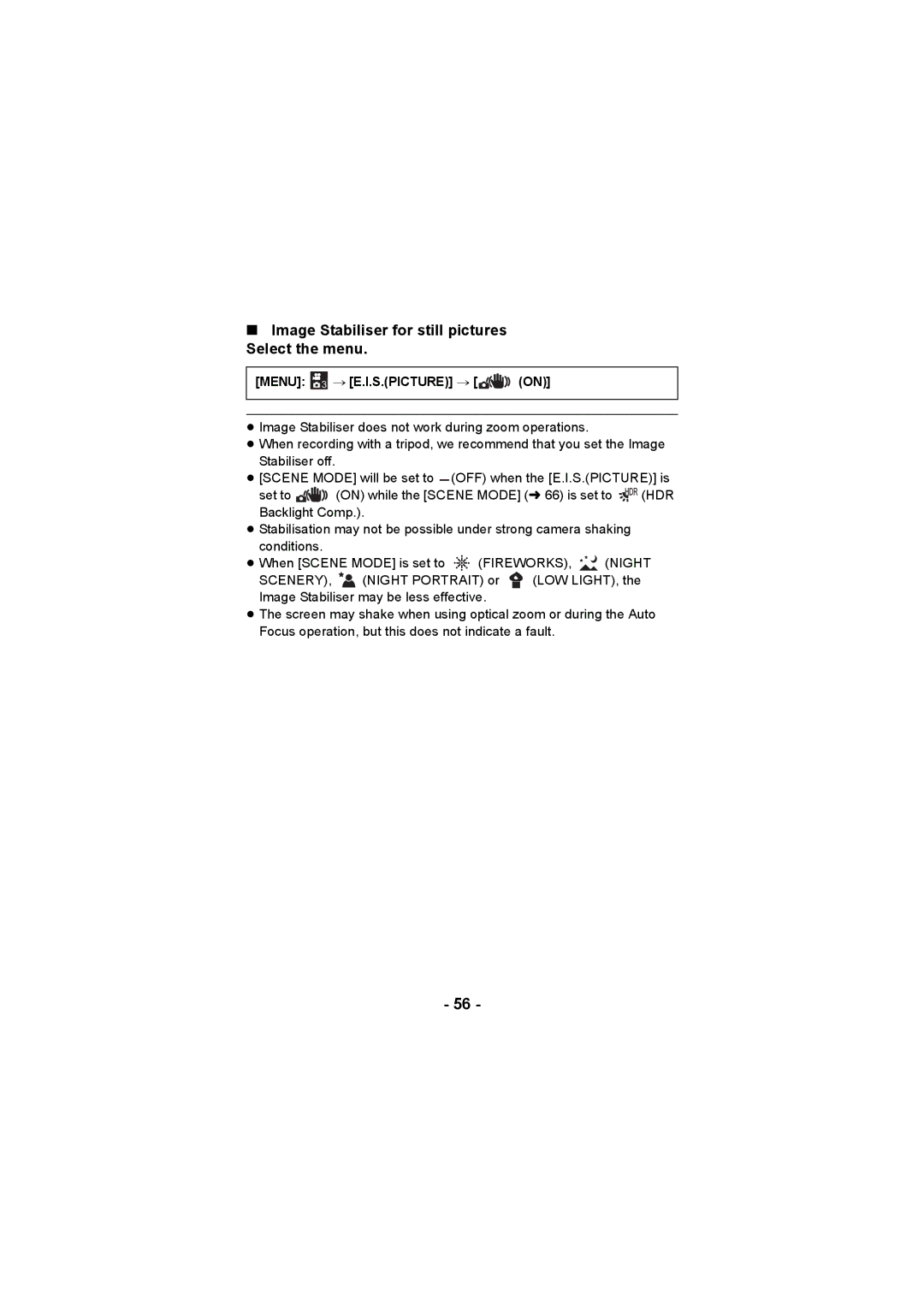 Panasonic HX-DC3 operating instructions Image Stabiliser for still pictures Select the menu 