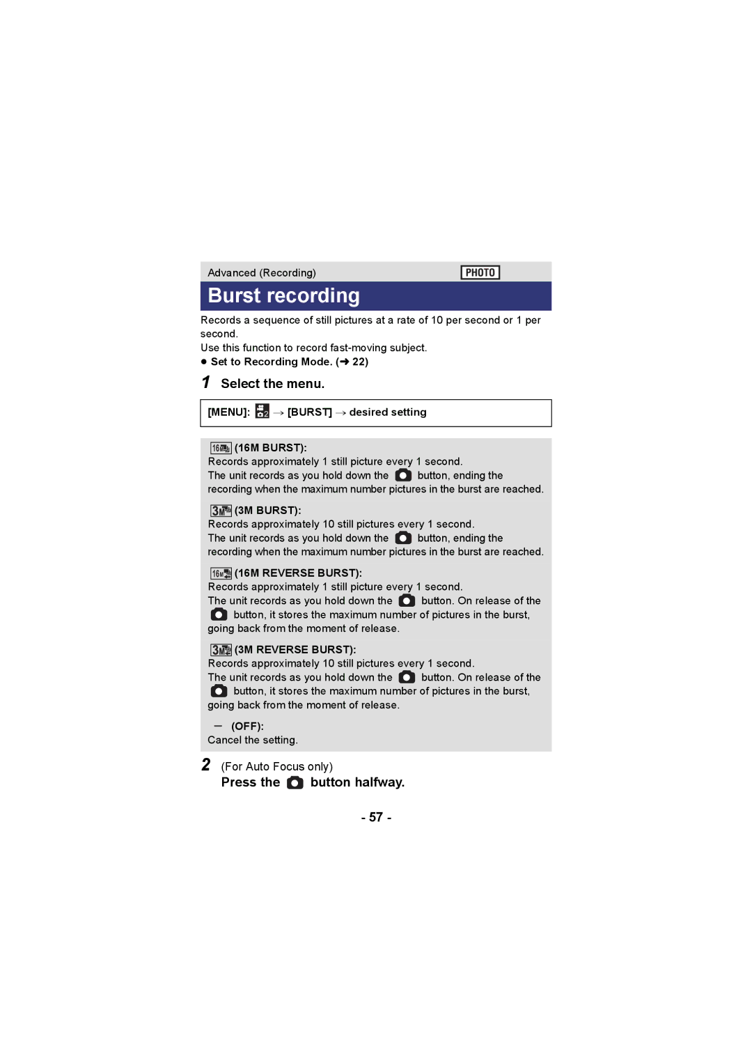 Panasonic HX-DC3 Burst recording, Menu 2 # Burst # desired setting 16M 16M Burst, 3M Burst, 16M 16M Reverse Burst 