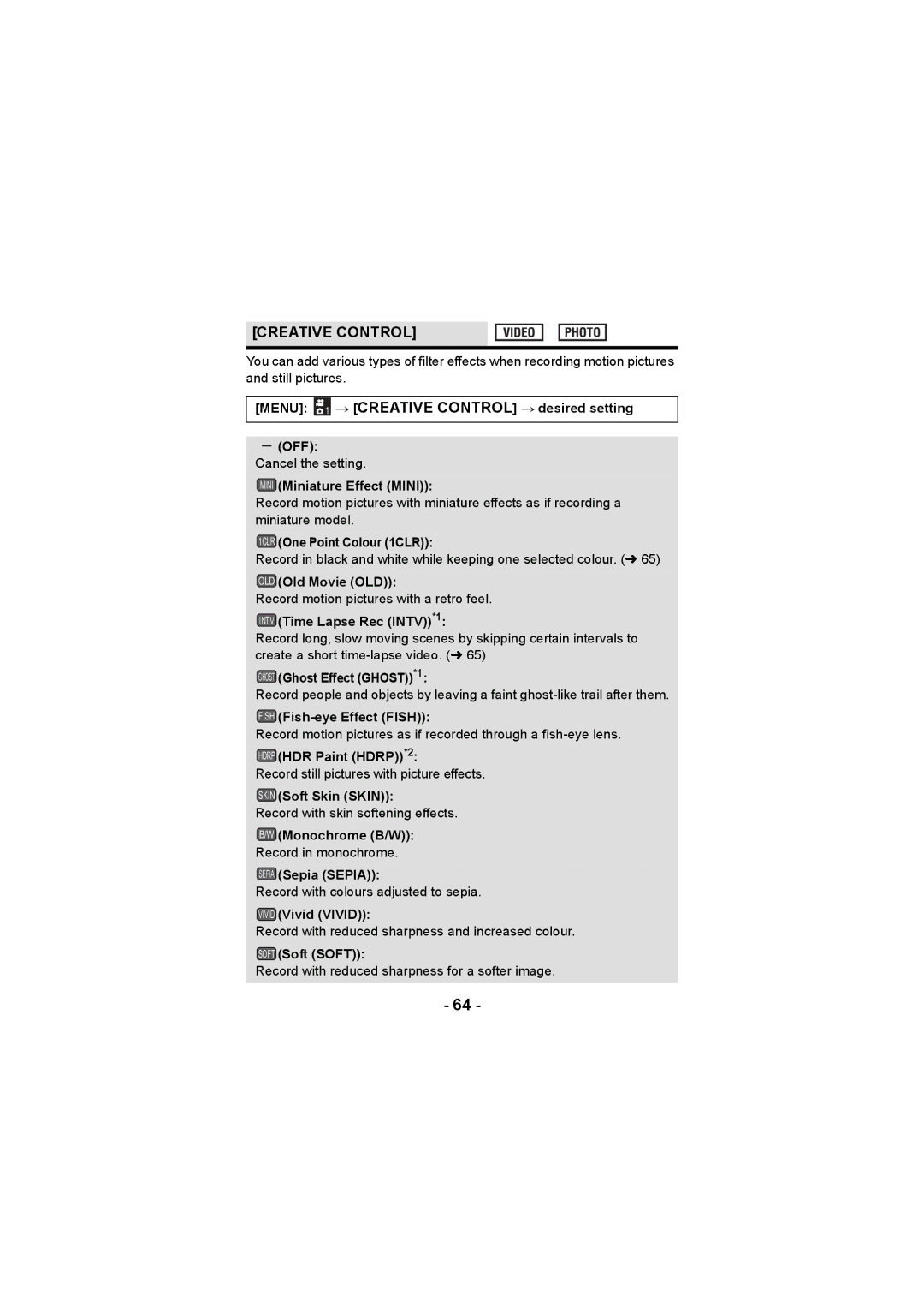 Panasonic HX-DC3 operating instructions Creative Control 