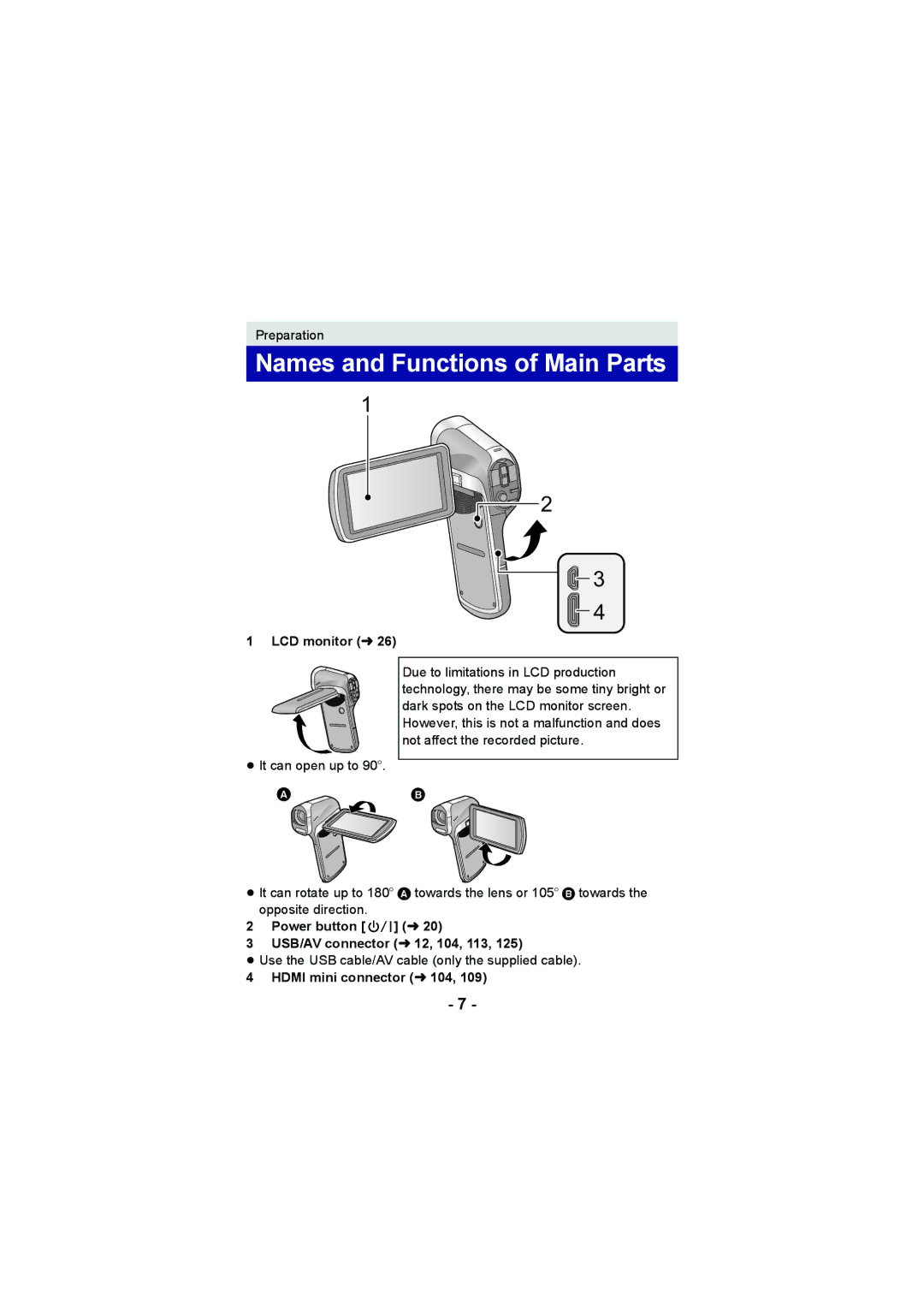 Panasonic HX-DC3 Names and Functions of Main Parts, LCD monitor l, Power button l USB/AV connector l 12, 104, 113 