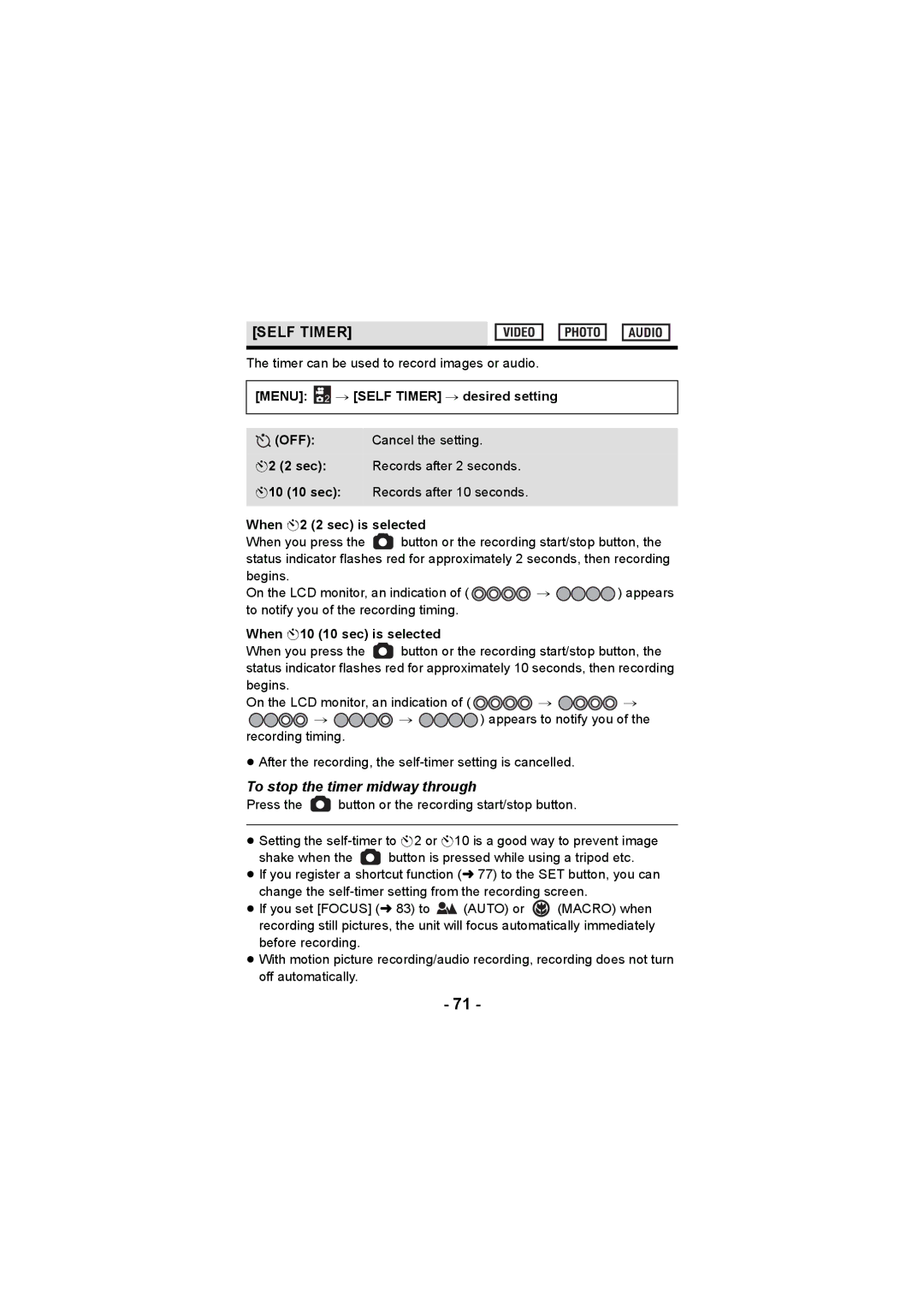 Panasonic HX-DC3 Menu 2 # Self Timer # desired setting, When Ø2 2 sec is selected, When Ø10 10 sec is selected 