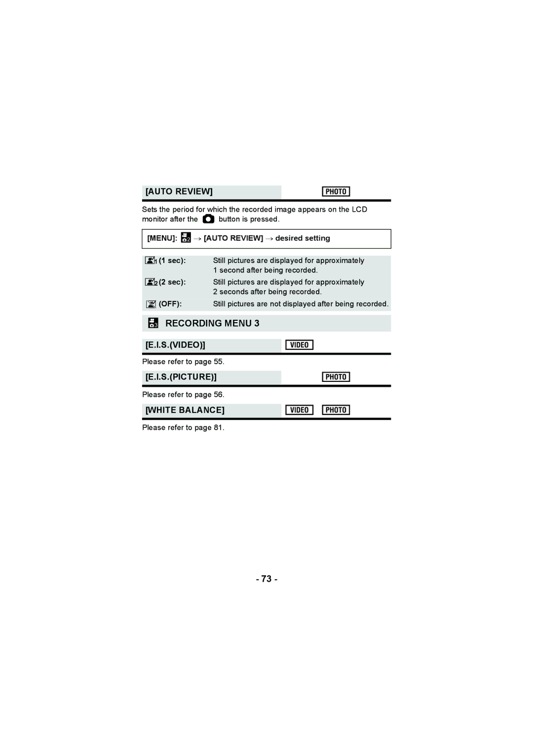 Panasonic HX-DC3 operating instructions S.Video, S.Picture, White Balance, Menu 2 # Auto Review # desired setting 