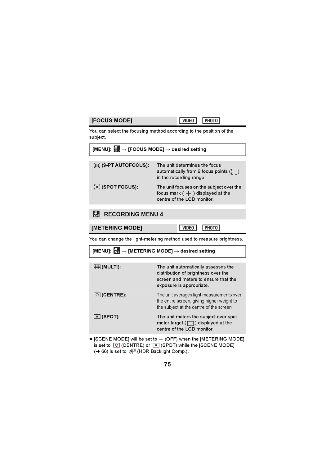 Panasonic HX-DC3 operating instructions Focus Mode, Metering Mode, Multi 