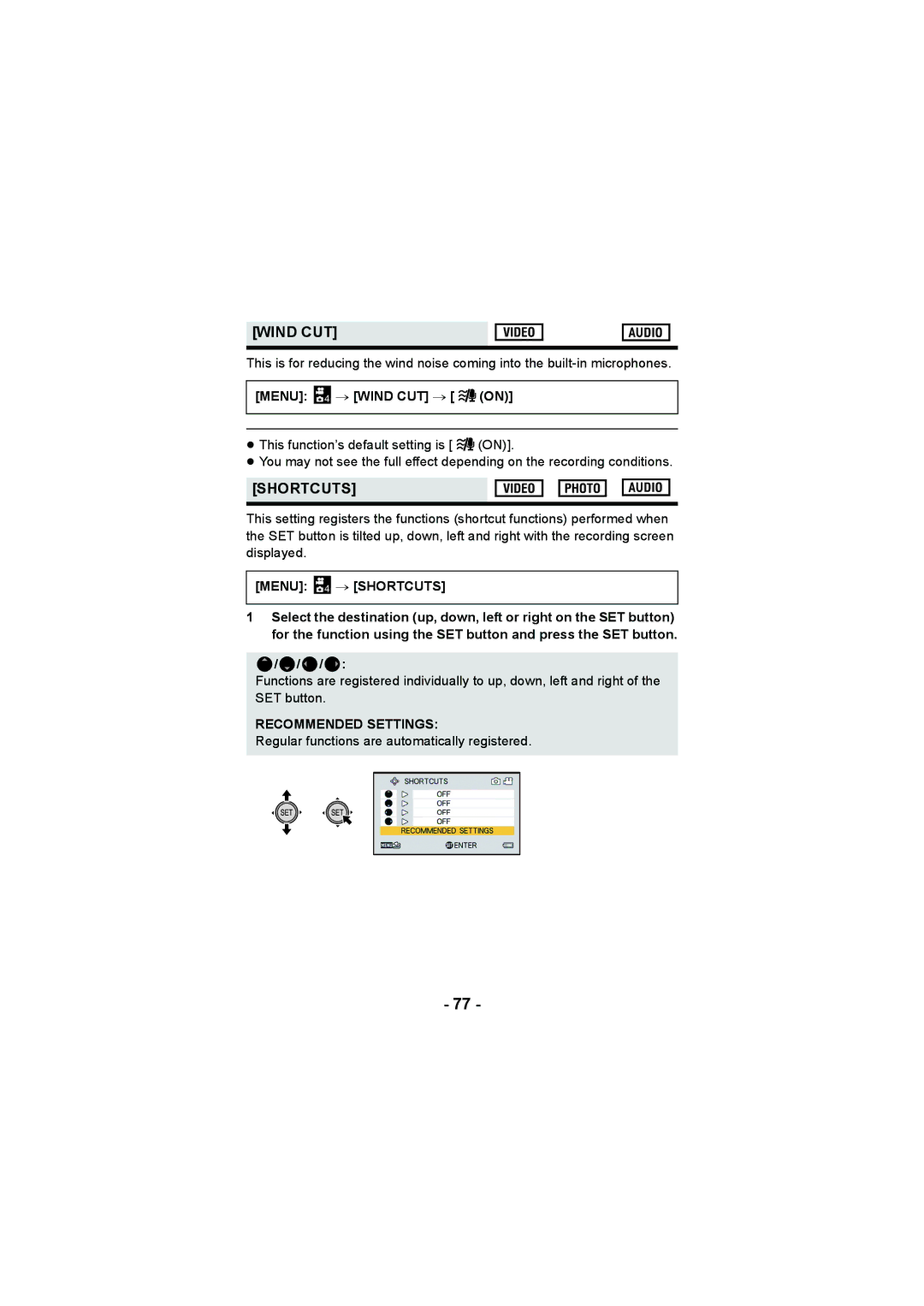 Panasonic HX-DC3 operating instructions Menu 4 # Wind CUT # on, Menu 4 # Shortcuts, Recommended Settings 